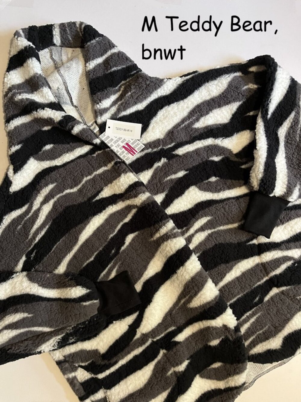 Medium Lularoe Teddy Bear Jacket, black, grey, white stripes